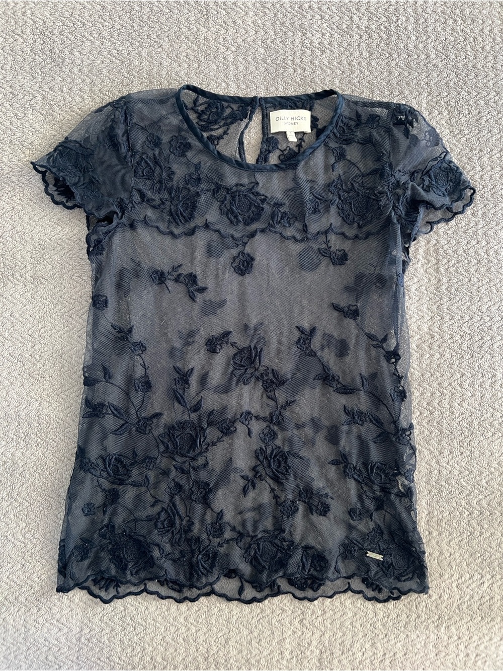 Hollister Gilly Hicks Navy Floral Embroidered Lace Babydoll Sheer Tee Size Small